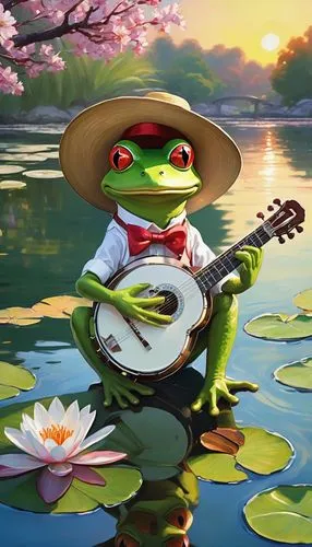 frog background,cavaquinho,serenata,banjo player,bouzoubaa,pepe,mariachi,frog king,cowabunga,leaupepe,pond frog,koropeckyj,takamine,guitarra,bouzouki,strumming,ukulele,kawaii frog,serenading,serenade,Conceptual Art,Oil color,Oil Color 10