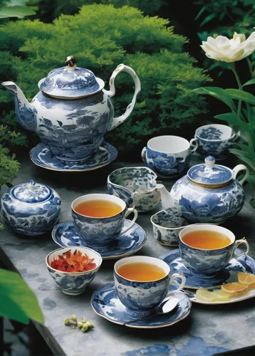 Write a descriptive paragraph about the tranquil beauty of sipping China tea in a traditional garden.,chinese teacup,tea service,asian teapot,chinaware,tea set,tea party collection,watercolor tea set,