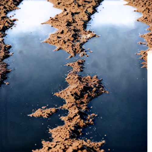 Muddy terrain, wet earth, puddles of water, rough texture, messy composition, shallow depth of field, warm color tone, cinematic lighting, close-up shot, macro photography style, detailed mud particle