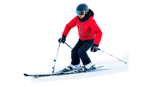 Winter sports scene, snowy mountain, solo skier, young adult, athletic build, helmet, goggles, red ski jacket, snow pants, black gloves, ski boots, poles, dynamic pose, action shot, speed motion blur,