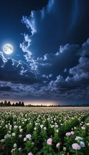 cosmos field,moonlit night,flower field,field of flowers,blanket of flowers,blooming field,moonflower,flowers field,night sky,meadow landscape,the night sky,dandelion field,nightsky,blue moon rose,moonlit,flowers celestial,sea of flowers,starry sky,starry night,meadow,Photography,General,Realistic