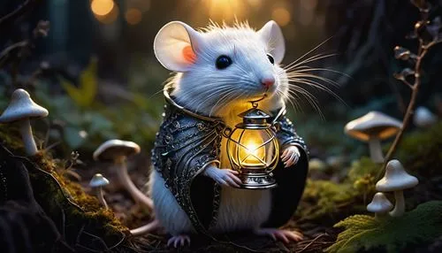 whimsical enchanted rat, sparkles on fur, twinkling eyes, fluffy white hair, tiny crown, velvet cape, golden chain necklace, holding a miniature lantern, standing on hind legs, forest floor, mushrooms