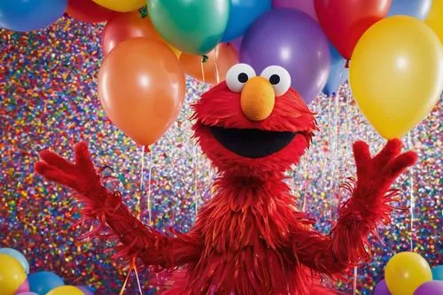 Elmo, colorful drips, glossy skin, bright red fur, big round eyes, shiny nose, smiling face, arms up, hands together, rainbow-colored outfit, glittery accessories, sparkly background, confetti, balloo