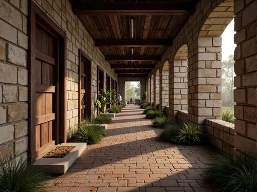 Weathered stone walls, rusty metal accents, distressed wood planks, worn brick pathways, earthy tones, natural materials, organic forms, irregular shapes, tactile experiences, high-contrast lighting, 