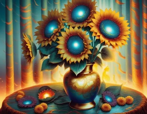 a blue vase filled with yellow sunflowers on a table,sunflowers in vase,rudbeckia,sunflowers,majora,sun flower,sunflower,Illustration,Realistic Fantasy,Realistic Fantasy 25