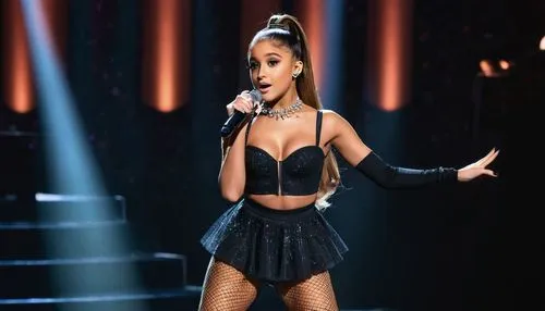 sweetener,performing,singing,mic,black skirt,microphone stand,wireless microphone,little black dress,microphone,playback,thigh,live performance,black dress,torn dress,vocal,performer,skirt,black dress with a slit,see-through clothing,belt with stockings,Conceptual Art,Daily,Daily 13