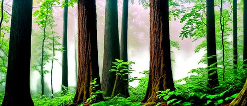 Tall beautiful trees, vibrant green leaves, intricate branches, thick trunks, roots deep in earth, morning dew, soft sunlight filtering through leaves, 3/4 composition, shallow depth of field, warm co