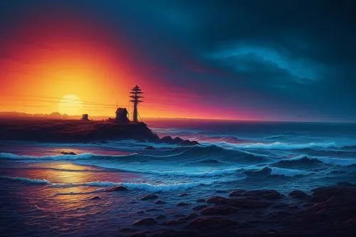 electric lighthouse,lighthouses,lighthouse,sea shore temple,phare,seascape,red lighthouse,light house,sea stack,ouessant,sea landscape,petit minou lighthouse,north sea,maiden's tower,the north sea,seascapes,sea night,atlantica,coast sunset,faro,Illustration,Realistic Fantasy,Realistic Fantasy 25