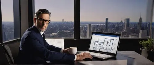 Male, mature architect, 40s, glasses, short black hair, beard, formal wear, white shirt, black tie, dark blue suit, sitting, desk, laptop, architectural plans, pencils, ruler, eraser, coffee cup, mode