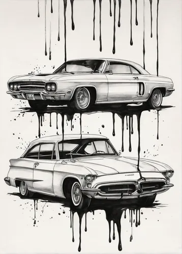 chevrolet impala,impala,dodge monaco,chrysler 300 letter series,ford torino,chevrolet el camino,american muscle cars,muscle car cartoon,cadillac de ville series,chevrolet chevelle,old cars,drips,chevrolet caprice,pontiac grand prix,pontiac tempest,pontiac,washes,ford galaxie,muscle car,ford fairlane,Illustration,Black and White,Black and White 34