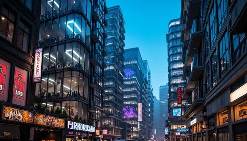 Neon-lit cityscape, futuristic skyscrapers, iridescent glass facades, metallic accents, luminescent signage, holographic advertisements, vibrant neon hues, electric blue highlights, radiant orange glo