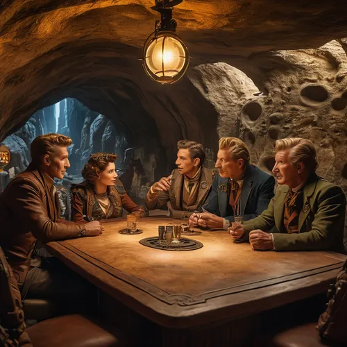 Danny Kaye, Telling storys to the gatherd guest of the cantina in the ART-DECO Steampunk themed cantina carved out of rock in a cave will with people. Sci-Fi Space Future epic widescreen photography s