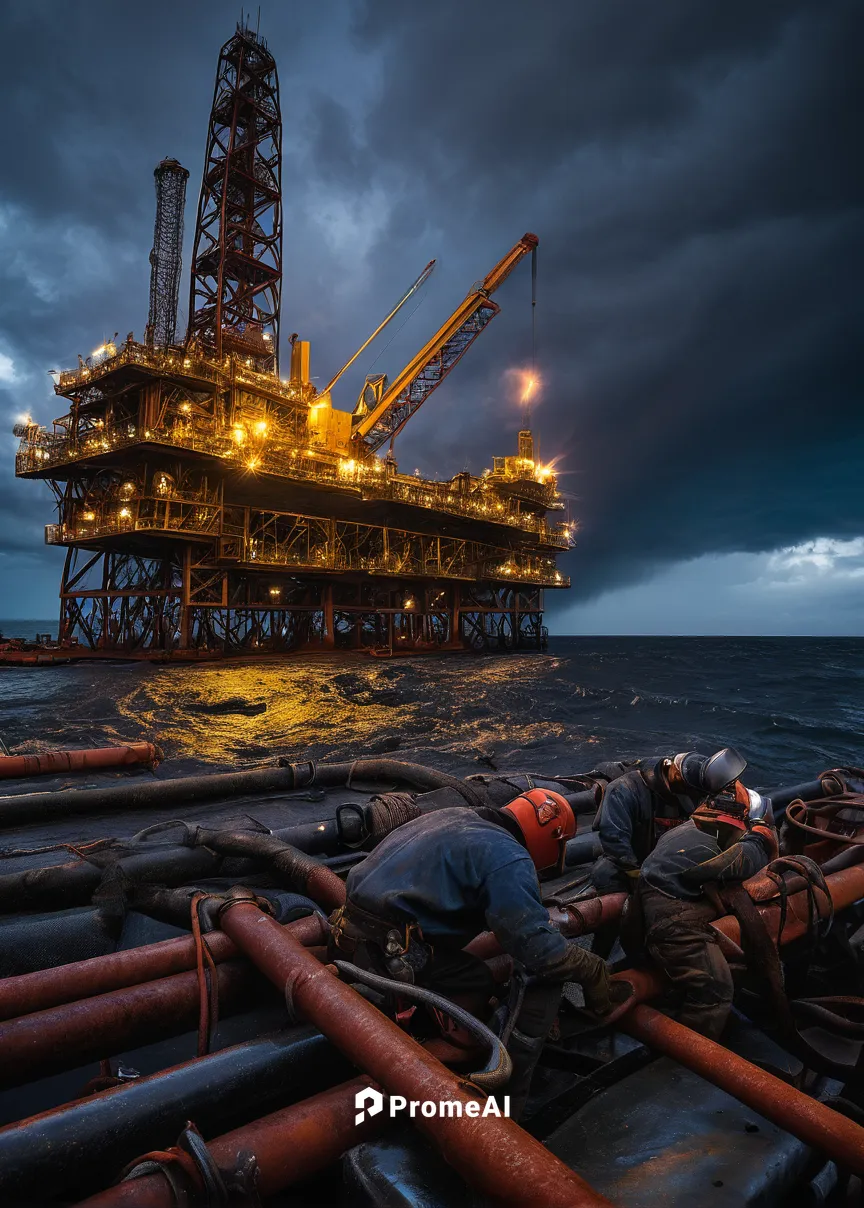 Amidst a raging storm, a team of welders bravely repairs a damaged offshore platform.,oil platform,offshore drilling,oil rig,oil industry,oil barrels,the north sea,offshore,north sea,drilling rig,oil 