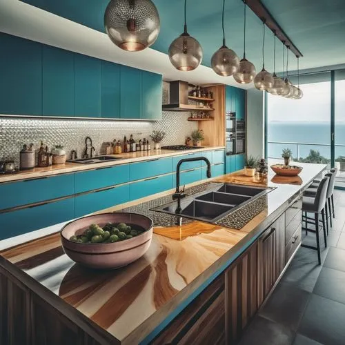 Luxury kitchen with 2 sinks and a work surface. Innovative design,a kitchen with wooden counters and blue cabinetry,modern kitchen interior,modern kitchen,kitchen design,tile kitchen,kitchen interior,