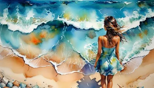 a painting of a woman walking on the beach,amphitrite,sirene,mermaid background,watercolor painting,watercolor paint strokes,promethea,Illustration,Paper based,Paper Based 04