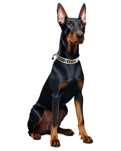 Doberman Pinscher, standing, black coat, muscular body, athletic build, erect ears, piercing brown eyes, sharp teeth, shiny fur, short hair, metallic collar with name tag, front paws together, serious