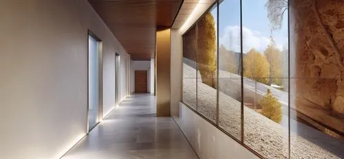 wall plaster,glass wall,stucco wall,hallway space,travertine,snohetta,Photography,General,Realistic