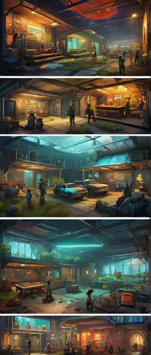 post-apocalyptic shelter, vault dwellers, smiling faces, comfortable living quarters, well-lit rooms, recreational facilities, game room, social interactions, festive decorations, colorful outfits, gr