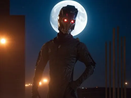 Deceptor standing in front of an under construction building in moon night,ultraman,rinzler,skriker,rendel,terminator,mothman,splichal,vigilante,tsuburaya,owlman,corvo,ryuk,ultron,a wax dummy,alchemax