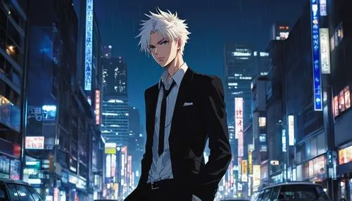 Anime boy, solo, (18yo), striking white spiky hair, piercing blue eyes, sharp facial features, slender build, elegant fingers, black blazer, white dress shirt, dark blue slim fit trousers, leather sho