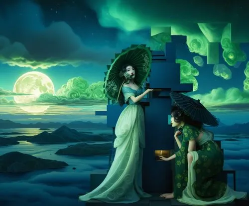 nude Beautiful japan girl, full dark curly hair, big green almond eyes, full black lips, misty sky,a woman with an umbrella and two women wearing green,fantasy picture,discworld,melusine,fantasy art,g