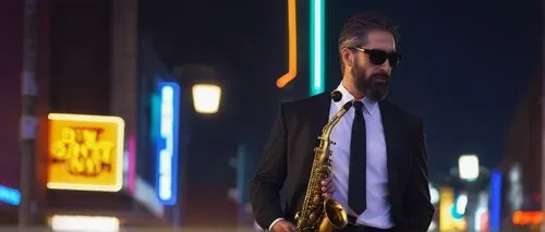 Mature man, jazz musician, holding saxophone, black suit, white shirt, black tie, sunglasses, short hair, beard, standing, city street, night scene, neon lights, blurred background, shallow depth of f