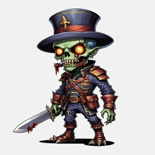 2d front sprite of a dark colored spooky evil soldier zombie monster, transparent background,a creepy man wearing a top hat holding a knife,lechuck,hobgoblins,chakan,krueger,gobbo,goblins,Illustration