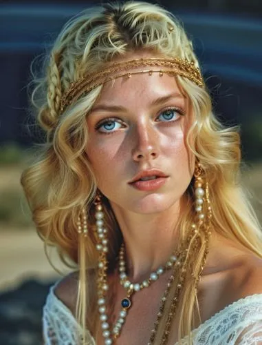 a woman with long hair and a head band wearing pearls,galadriel,bridal jewelry,pearl necklaces,aslaug,headdress,ancient egyptian girl,Photography,General,Realistic