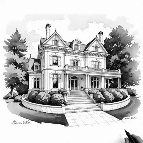 watercolor painting of Madame CJ Walker's Mansion Villa Lewaro in Livingston NY ;  Design Sketch-Detailed Outline ,the architectural drawing of a house is shown in this drawing,house drawing,houses cl