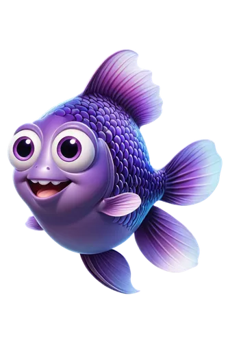 Purple fish, cartoon style, swimming pose, shiny scales, big round eyes, smiling face, bright purple fins, white belly, aquatic plants, soft water lighting, 3/4 composition, vibrant color tone, playfu