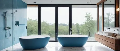 Luxurious modern bathroom, freestanding tub, minimalist faucet, LED floor lights, large windows, natural daylight, marble flooring, walls painted with soothing blue, silver fixtures, wall-mounted toil