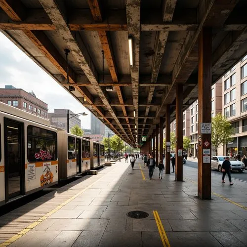 Rustic bus station, brutalist concrete structure, industrial metal beams, weathered steel columns, reclaimed wood accents, vibrant urban graffiti, bustling city streets, natural stone flooring, expose