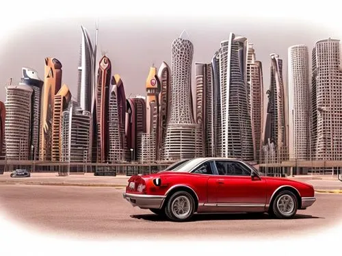 Creative line art red colour Car image with qatar buildings as  background ,alfa romeo sprint,rolls-royce corniche,alfa romeo 75,bmw 3200 cs,porsche 924,skyline,mercedes-benz r129,bmw 326,dhabi,bmw 3 