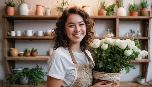 Floral shop, boutique store, elegant lady, 25yo, curly brown hair, bright smile, white apron, holding bouquet, pastel color palette, wooden shelves, vintage decorative items, flower arrangement, green