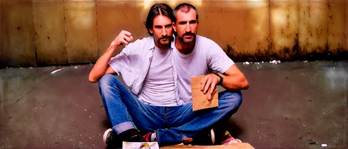 Homeless person, middle-aged man, worn-out clothes, torn jeans, dirty white shirt, messy brown hair, stubble, tired eyes, sitting on ground, holding a cardboard sign, begging for money, urban backgrou