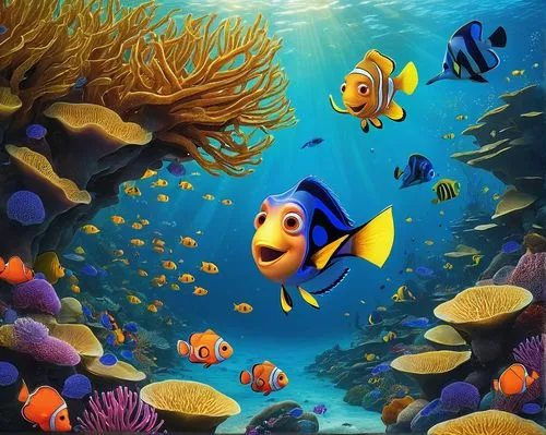 Finding Nemo, Disney, underwater, ocean, coral reef, school of fish, blue tang, yellow clownfish, Marlin, Dory, friendly, curious, worried, searching, swimming, seaweed, kelp, sunken ship, ocean floor