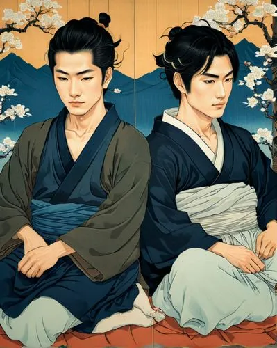 korean culture,kimjongilia,korean history,korean drama,hanok,japanese art,kimchijeon,choi kwang-do,sejong-ro,oriental painting,korean royal court cuisine,panokseon,kdrama,yeongsanhong,jeongol,taekkyeon,kimonos,men sitting,japanese icons,cool woodblock images,Illustration,Japanese style,Japanese Style 15