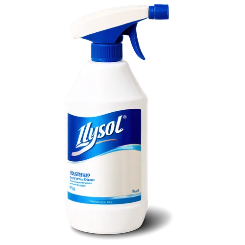 Lysol bottle, plastic container, blue label, white cap, spray nozzle, reflective surface, detailed texture, metallic sheen, 45-degree angle, close-up shot, softbox lighting, product photography, shall