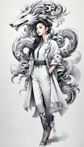 the woman in a white kimono stands near an animal,diaochan,fashion vector,kunqu,jianyin,hanfu,taijiquan