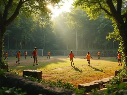 Natural sports field, integrating forest elements, sunny afternoon, warm light, trees surrounding the field, leafy canopies providing shade, vines crawling up goalposts, flower beds alongside the trac