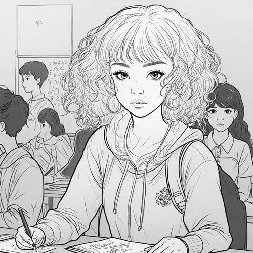 1girl,hagio,line art children,coloring pages kids,high school,detention,schooldays,girl studying,girl with speech bubble,worried girl,classroom,highschool,student,office line art,the girl's face,after