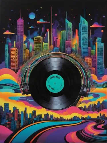 Vinyl record, psychedelic colors, swirling patterns, dreamy clouds, electric guitars, music notes, sound waves, headphones, retro microphone, vinyl records stack, music studio, dim lighting, neon sign