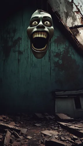 creepy doorway,creepy house,creepy clown,haunted house,photo manipulation,photoshop manipulation,urbex,horror clown,scary clown,wooden mask,asylum,the haunted house,unhappy smiley,scare,madhouse,3d render,nightmare,photomanipulation,derelict,comedy tragedy masks,Illustration,Paper based,Paper Based 10