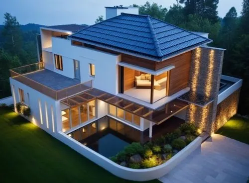 Change into garden dan grass,this modern house features light lit lighting at the balcony,modern house,modern architecture,homebuilding,beautiful home,two story house,dreamhouse