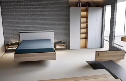 Stanza da letto moderna in bianco e nero, con le seguenti caratteristiche e quote:

Dimensioni della stanza: 387 cm di larghezza per 344 cm di profondità.
Letto contenitore sospeso: Posizionato sul la