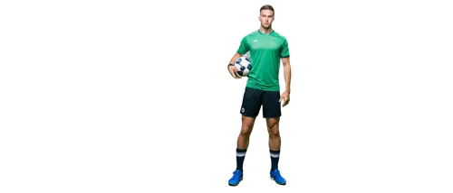 Male soccer player, athletic build, short hair, sweaty face, intense expression, wearing jersey and shorts, holding soccer ball, standing with legs apart, dynamic pose, realistic muscles, bright green