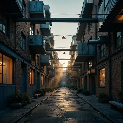 Moody urban landscape, industrial buildings, distressed brick walls, Prussian blue accents, steel beams, exposed ductwork, gritty concrete floors, reclaimed wood textures, vintage factory windows, atm