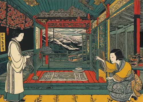 Create a suspenseful story about a detective investigating a series of mysterious murders committed by a rokurokubi.,cool woodblock images,woodblock prints,japanese-style room,tea ceremony,woodblock p