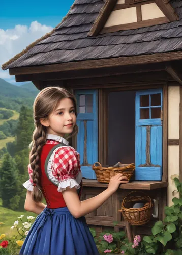bavarian swabia,country dress,girl picking apples,girl in the kitchen,oktoberfest background,heidi country,girl with bread-and-butter,bavarian,countrygirl,doll kitchen,fairy tale character,children's fairy tale,children's background,oktoberfest celebrations,alpine village,small münsterländer,housekeeper,little girl in wind,milkmaid,girl picking flowers,Illustration,American Style,American Style 07
