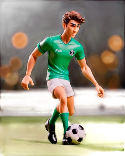 Soccer player, athletic male, muscular legs, green jersey, white shorts, black cleats, soccer ball at feet, dynamic pose, kicking action, stadium background blur, warm sunlight, dramatic lighting, 3/4